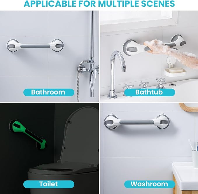 TAILI Shower Grab Bar Glow in The Dark, 2 Pack 16.8 in Grab Bars for Bathtubs and Showers,Shower Handles Shower Rails for Seniors and Elderly,Bathroom Safety Grip Removable No Drilling Waterproof Grey