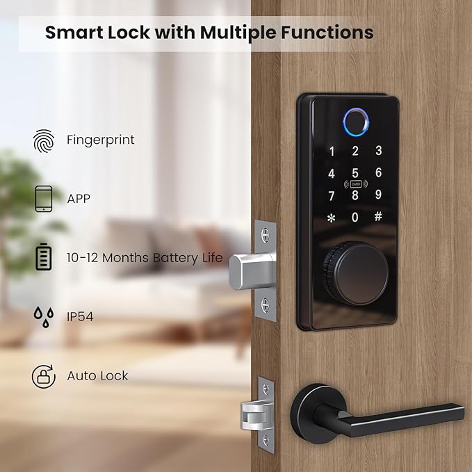 Fingerprint Keyless Entry Door Lock, Electronic Door Lock with Touchscreen, Auto Locking, One-Time Code, Keypad Deadbolt, One-Touch Locking, Easy Installation, BHMA - Black