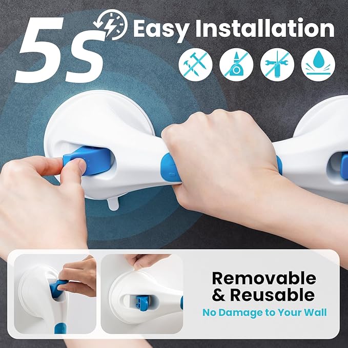 TAILI Shower Grab Bar Glow in The Dark, 2 Pack 12.2 in Grab Bars for Bathtubs and Showers,Shower Handles Shower Rails for Seniors and Elderly,Bathroom Safety Grip Removable No Drilling Waterproof Blue