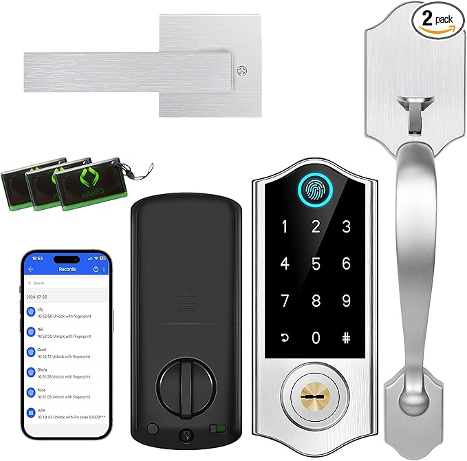 Harfo Fingerprint Smart Door Lock for Front Door with Handle Set, App Control, Keyless Entry Keyless Deadbolt, Digital Electronic Touchscreen Keypad, Auto Lock, Easy to Install, Satin Nickel