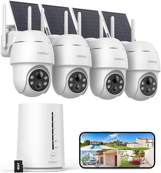 COOAU Cameras for Home Security Outdoor,4MP Solar Security Camera Wireless System,4 Cam-Kit,360° Pan & Tilt,Color Night Vision,Motion Detection,No Monthly Fee,Siren Alarm,IP66,64GB Memory Card