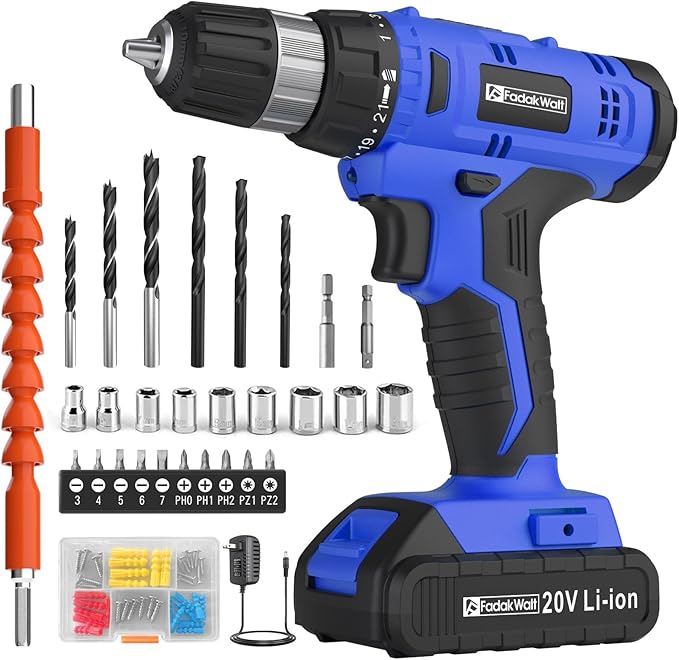 20V Electric Drill Set with Battery and Charger, 30N Torque, 21+1 Settings, 3/8-Inch Keyless Chuck, LED Electric Drill Set (Blue)