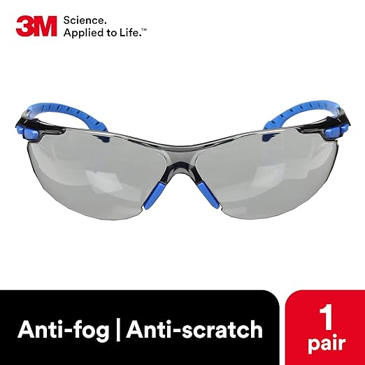 3M Safety Glasses, Solus 1000, S1102SGAF, ANSI Z87, Scotchgard Anti-Fog Gray Lens, Blue/Black Frame, UV Protection, Premium Eye Protection, Padded Temple, Soft Nosebridge