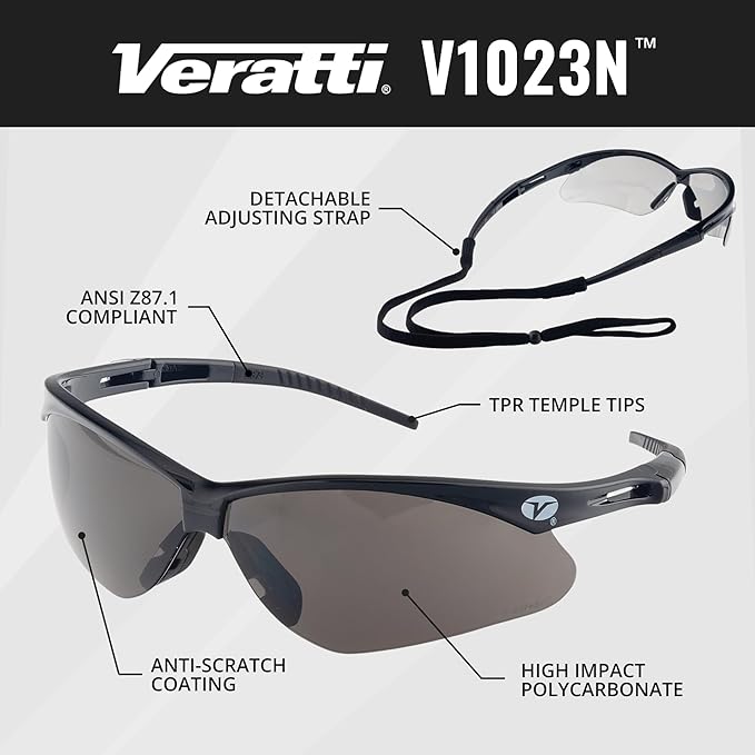 Veratti V1023N Safety Glasses, Gray Anti-Scratch Lens, ANSI Z87.1, Removable Strap, Black Frame, Impact Resistant
