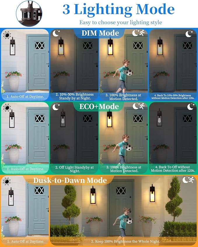 17'' Motion Sensor Outdoor Lights Wall Mount, Dusk to Dawn Exterior Light Fixture, Waterproof Anti-Rust Porch Light Outside Wall Lights for House, Brown Wall Sconce Lanterns with Clear Glass, 2 Pack