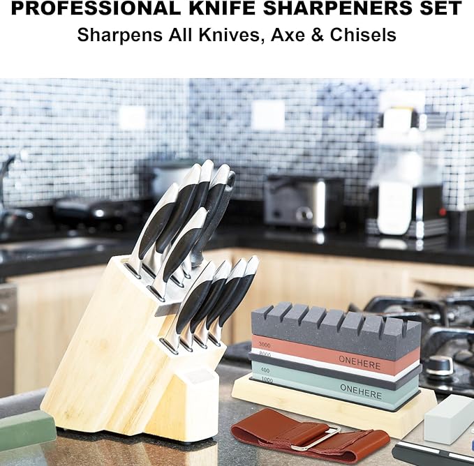 Knife Sharpening Stone Set, ONEHERE 4 Side Grit 400/1000 3000/8000 Whetstone Sharpener Kit with Non-Slip Bamboo Base, Leather Strop, Cut Resistant Gloves, Flattening Stone & Angle Guide (Large Set)