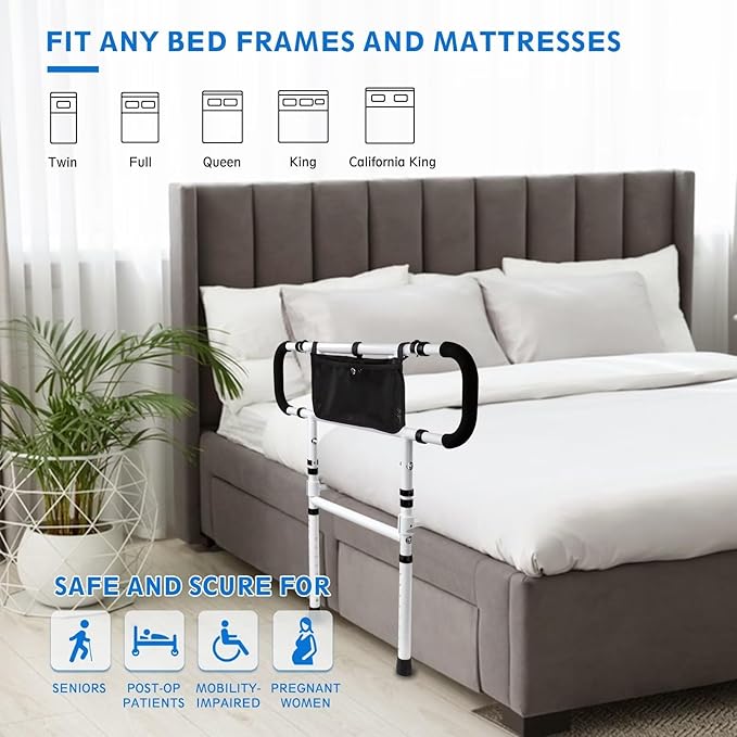 Foldable Bed Rail for Elderly Adults Safety - Adjustable Bed Rails with Support Legs for Seniors, Surgery Patients & Handicap Foldable Bed Rails, Fit Any Bed