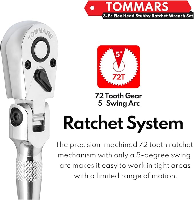 TOMMARS Flex-Head Stubby Ratchet Set, 1/4", 3/8", 1/2" Drive Flexible Mini Small Ratchet Handle Wrench 72-Tooth Quick-Release Reversible