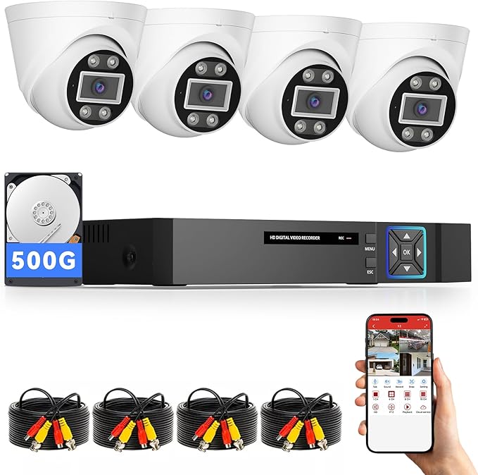 5MP Lite Security Camera System with 500G Hard Drive, 4 Channel AHD TVI DVR Recorder, 4pcs HD Indoor Outdoor Wired Surveillance CCTV Dome Cameras, Smart Motion Detection, Night Vision