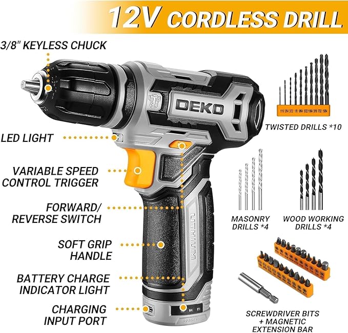 Power Drill Tool Set Kit: DEKOPRO Cordless Drill Tool Box with 12V Battery Electric Drill Driver for Home Hand Repair Power Tools Sets Drills Case