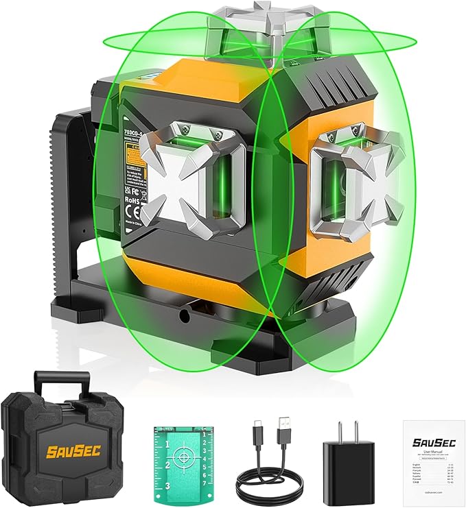 Laser Level 360 self leveling, SAVSEC 3 x 360° Brightness Adjustable Lazer Leveler Tool, 3D Rechargeable Green Cross Line Laser for Construction and Picture Hanging - Magnetic Fine-adjust Wall Bracket