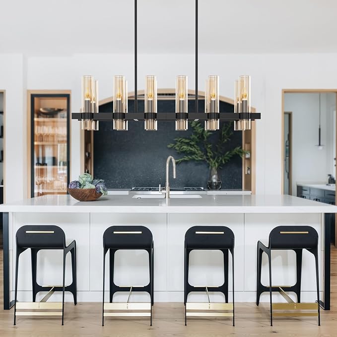Modern Black Island Rectangle Chandelier with Amber Glass,48” Adjustable Height Modern Linear Light Fixture 12 Light Dining Room Chandelier Over Table for Dining Room Kithen Island
