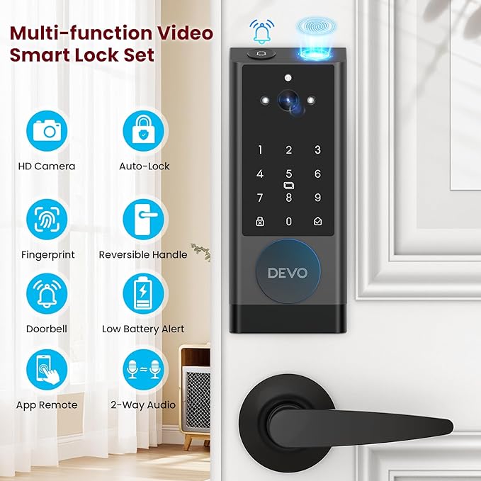 DEVO G1 Smart Lock with Handle Set, 6-in-1 Keyless Entry Door Lock, Video Smart Deadbolt with Fingerprint, Built-in Wi-Fi, App Remote, Auto Lock, IP65 Waterproof Front Door Lock, Easy Install