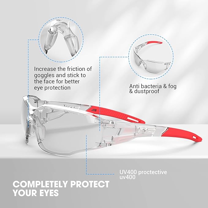 DILANCO Clear Safety Glasses Goggles, Adjustable Frames and Scratch-Resistant with No-Slip Grips Safety Glasses for Women Men