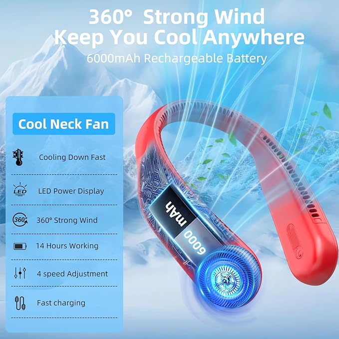Portable Neck Fan,Hands Free Personal Wearable Bladeless Fan,6000mAh USB Rechargeable,360° Cooling,LED Display,4-Speeds,Birthday Gifts for Men Women Dad Mom,Outdoor Indoor Travel Camping (Red)