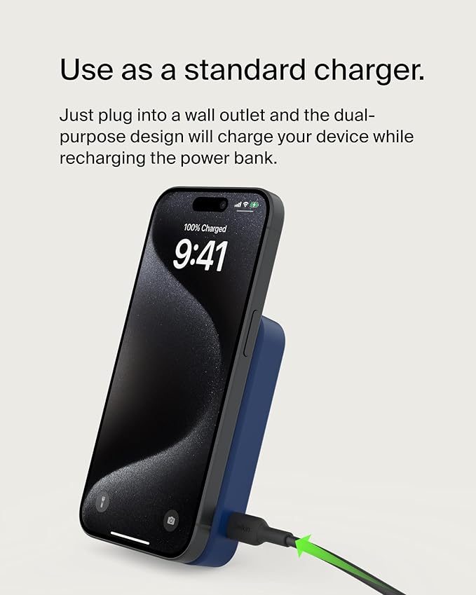 Belkin Portable Charger, Wireless Power Bank 15W 10000 mAh w/ Qi2, MagSafe Charger + Built-in Pop-up Kickstand - Compatible w/iPhone 16, 15, 14, Plus, Pro, Max, Google Pixel 10, etc. - Blue