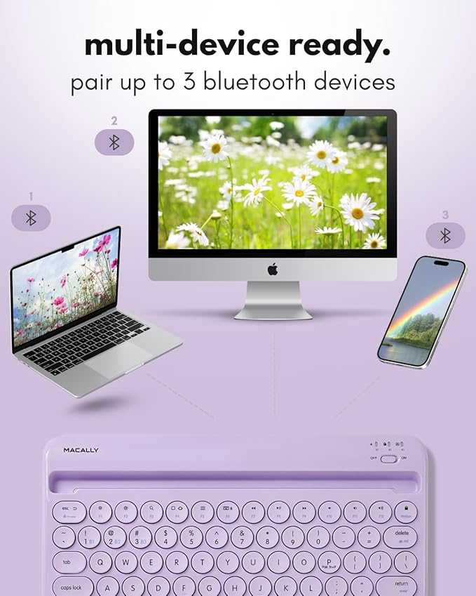 Macally Small Wireless Bluetooth Keyboard for iPad mini/Air/Pro, iPhone, Tablet, and Phone - 78 Key iPad Keyboard with Built-in Stand - Universal Compatible Multi Device - Purple