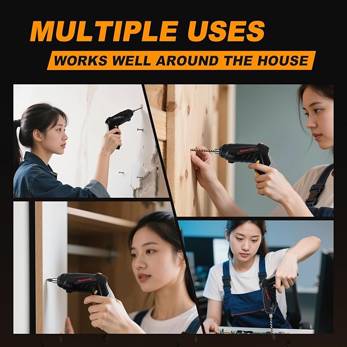 Megarooz Electric Cordless Screwdriver with Rechargeable Battery and Charger, Rotating Handle, LED Light, 47PCS Drill/Driver Accessories,Comes with packaging box for convenient storage (white)