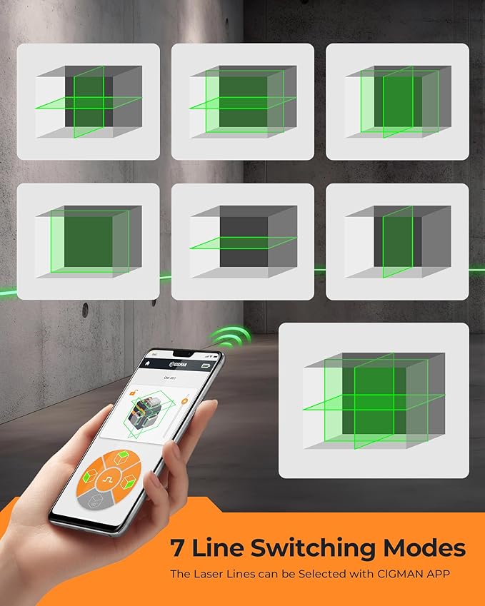 3x360° Laser Level with Remote&APP Control, CIGMAN Green Self Leveling Cross Line Laser for Construction and Picture Hanging, 3D Vertical/Horizontal Line, Magnetic Rotating Stand Included, CM-S01