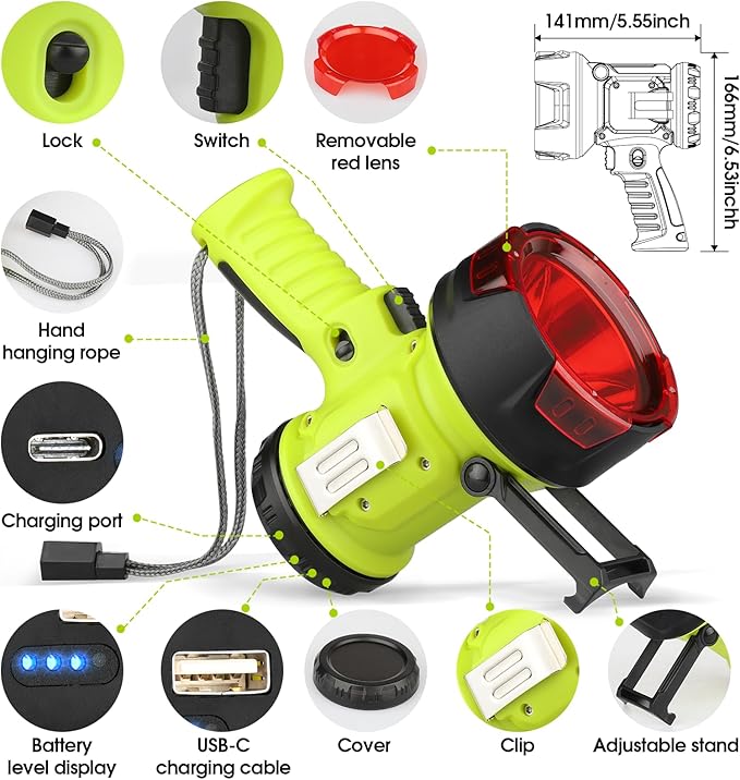 Rechargeable Spotlight Flashlight with High Lumen LED, Waterproof Handheld Bright Outdoor Spot Light Searchlight for Boating, Camping