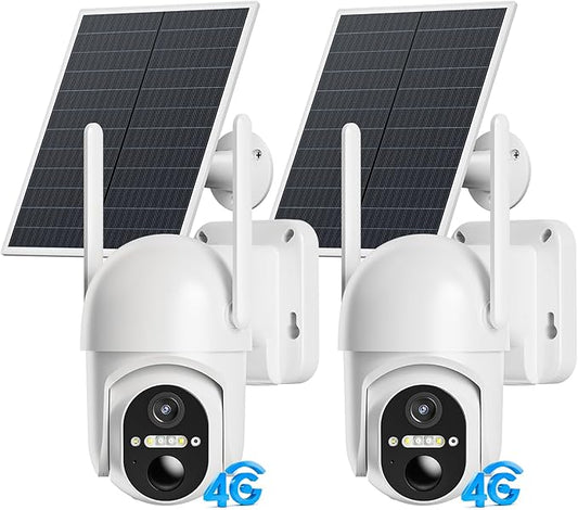 4G LTE Cellular Security Cameras Outdoor, 2 Pack No WiFi Security Camera Solar Powered with 360° View, 2K Color Night Vision, Includes SIM Card(Support Verizon/AT&T/T-Mobile)