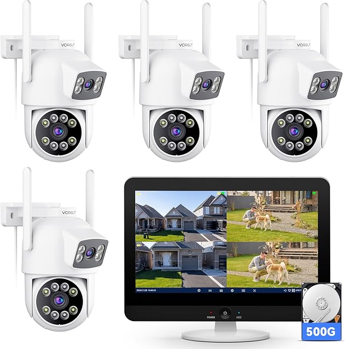 Security Camera System Wireless Outdoor with 12" Monitor, 4pcs 2K Dual Lens Cameras for Home & Business Surveillance, 360° PTZ, 2.4G/5G WiFi, Human Detection, Auto Tracking, 16CH NVR, 500G HDD