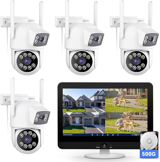 Security Camera System Wireless Outdoor with 12" Monitor, 4pcs 2K Dual Lens Cameras for Home & Business Surveillance, 360° PTZ, 2.4G/5G WiFi, Human Detection, Auto Tracking, 16CH NVR, 500G HDD