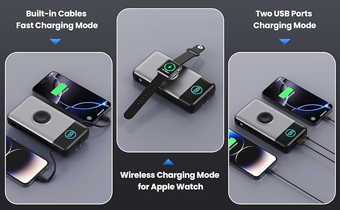 Portable Charger 40800mAh Power Bank with Built-in Cables,Wall Plug and iWatch Charger,6-IN-1 QC4.0+25W PD USB C Fast Phone Charging,LCD Display Battery Pack for iPhone 16/15/14,Apple Watch,Galaxy etc