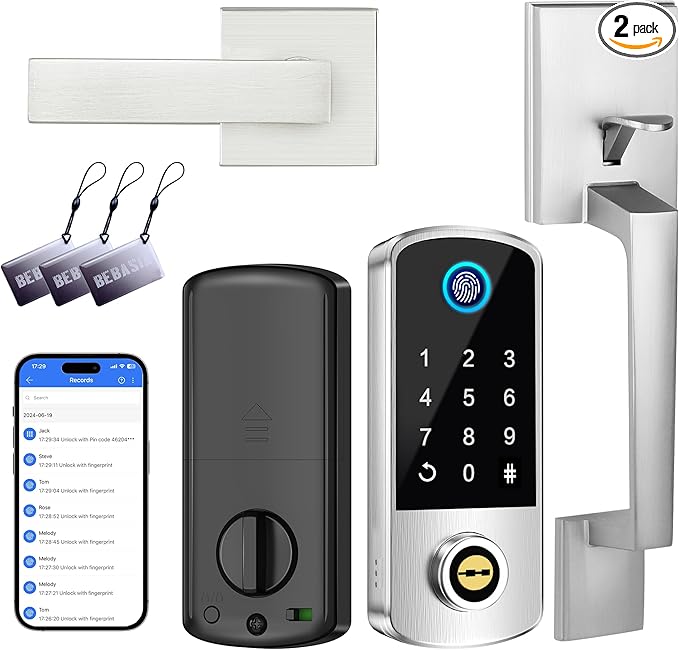 Keyless Entry Door Deadbolt with Handle Set, BEBASIA Fingerprint APP Smart Door Lock, Digital Keypad Bluetooth Deadbolt Lockset with Auto Lock Code Fob Satin Nickel