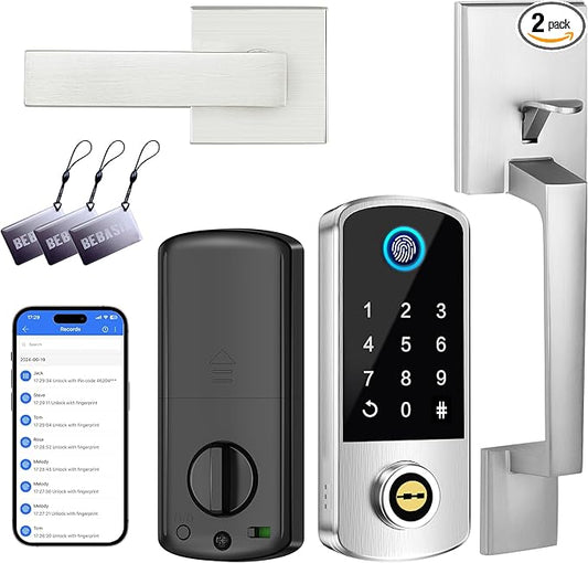 Keyless Entry Door Deadbolt with Handle Set, BEBASIA Fingerprint APP Smart Door Lock, Digital Keypad Bluetooth Deadbolt Lockset with Auto Lock Code Fob Satin Nickel