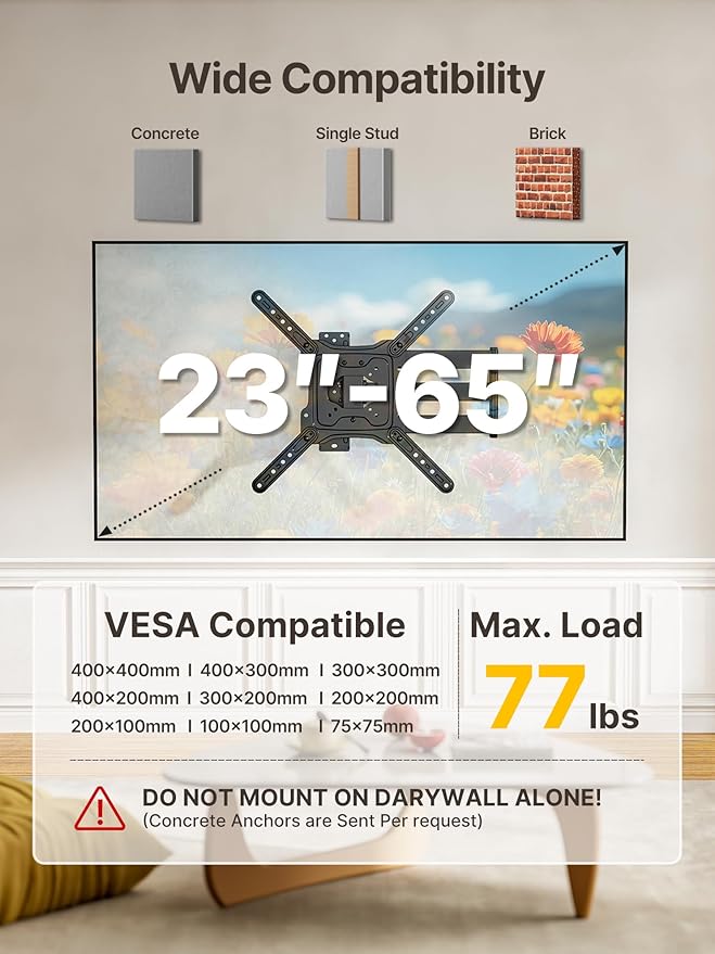 monTEK Long Arm TV Wall Mount for Most 23-65 Inch TVs, 29 Inch Long Extension TV Mount Swivel and Tilt, Full Motion Wall Mount Tv Bracket Fit Max VESA 400 x 400mm, Up to 77 lbs
