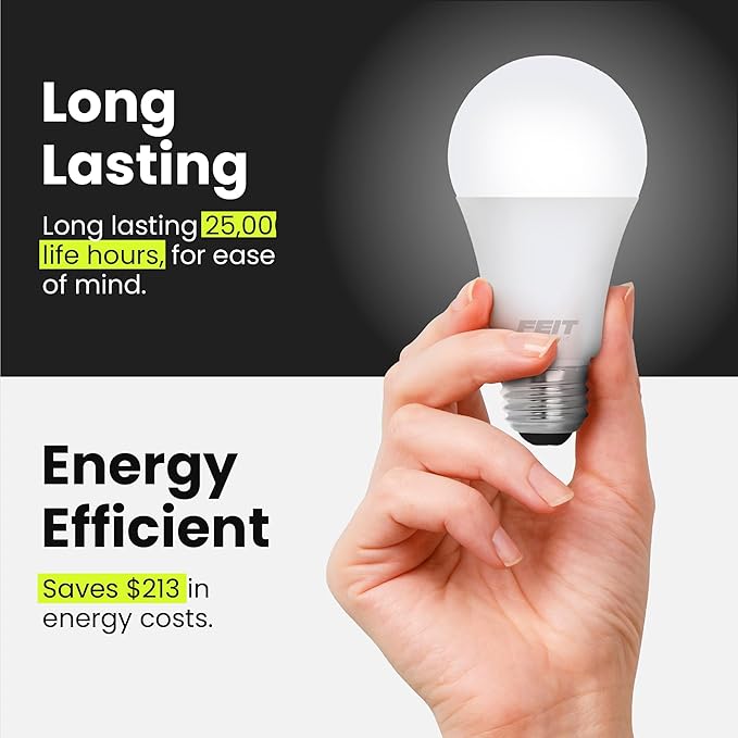 Feit Electric A19 LED Light Bulbs, 60W Equivalent, Dimmable, E26 Standard Base, 90 CRI, 800 Lumens, 5000K Daylight, 120V, 22 Years Lifetime, Damp Rated, 8 Pack, OM60DM/950CA/8