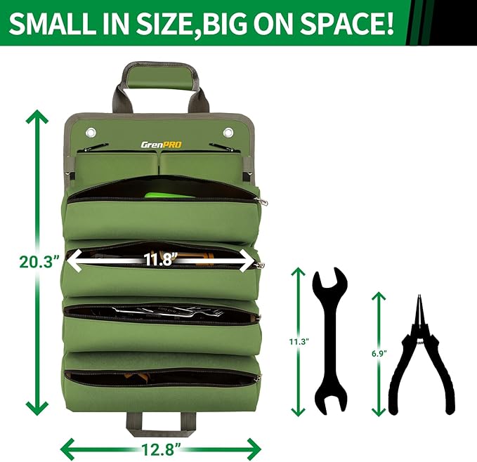Roll Up Tool Bag With Detachable Pouches, Heavy Duty Organizer With 6 Pockets for Mechanics, Electricians, DIY, Gifts for Dad, Men Birthday Gift, Green