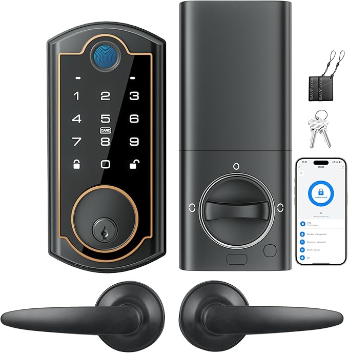 WiFi Smart Lock ST380 with 2 Lever Handles Set, Fingerprint Keyless Entry Door Lock for Front Door, with Security Smart Deadbolt and Touchscreen Keypad, App Remote Control &Auto Lock, IP56 Waterproof