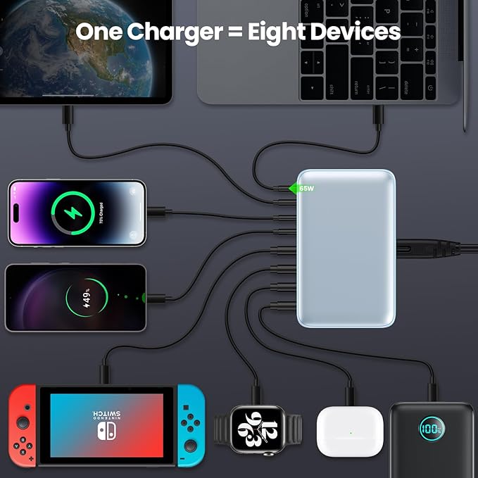 200W USB C Charger Block, GaN III 8-Port USB C Fast Charging Station PPS PD 65W Laptop Charger Adapter Compatible with MacBook Pro/Air,DELL,HP Surface,iPhone 16/15/Pro/14/13,Galaxy,Steam Deck-Blue