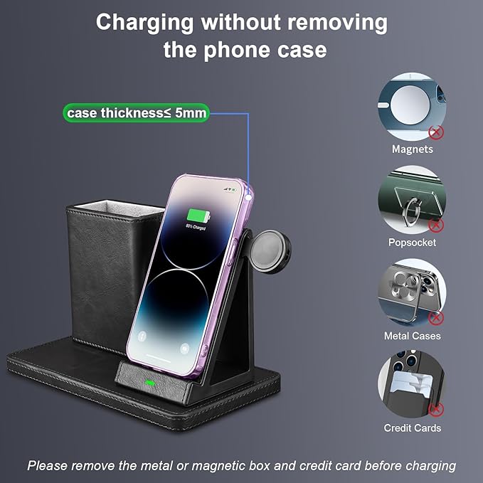 White Leather Pen Holder Desk Organizer with 3-in-1 Wireless Charger for Phone, Earbuds, Watch - Desktop Phone Stand,Birthday Gifts for Women,mom Gifts (Black)
