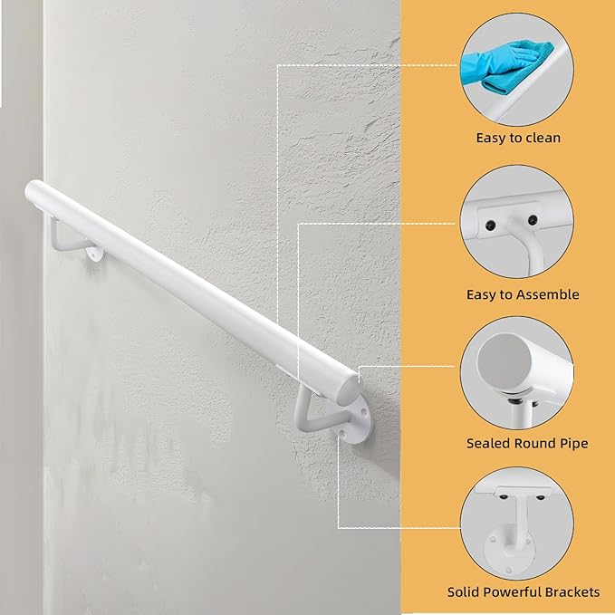 2 FT Heavy Duty White Metal Stairs Railing Indoor, Wall Mount Pipe Stair Handrail - Hand Rails for Indoor & Outdoor Steps, Banister Deck Porch Patio Railing, Wall Grab Bars for Seniors