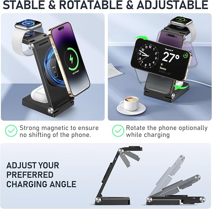 Magnetic Wireless Charger Stand, 3 in 1 Foldable Wireless Charging Station, Travel Charger for Multiple Devices for iPhone 16 15 14 13 12 Series, Apple Watch Ultra/9/8/7/6/5/4/3/2, AirPods