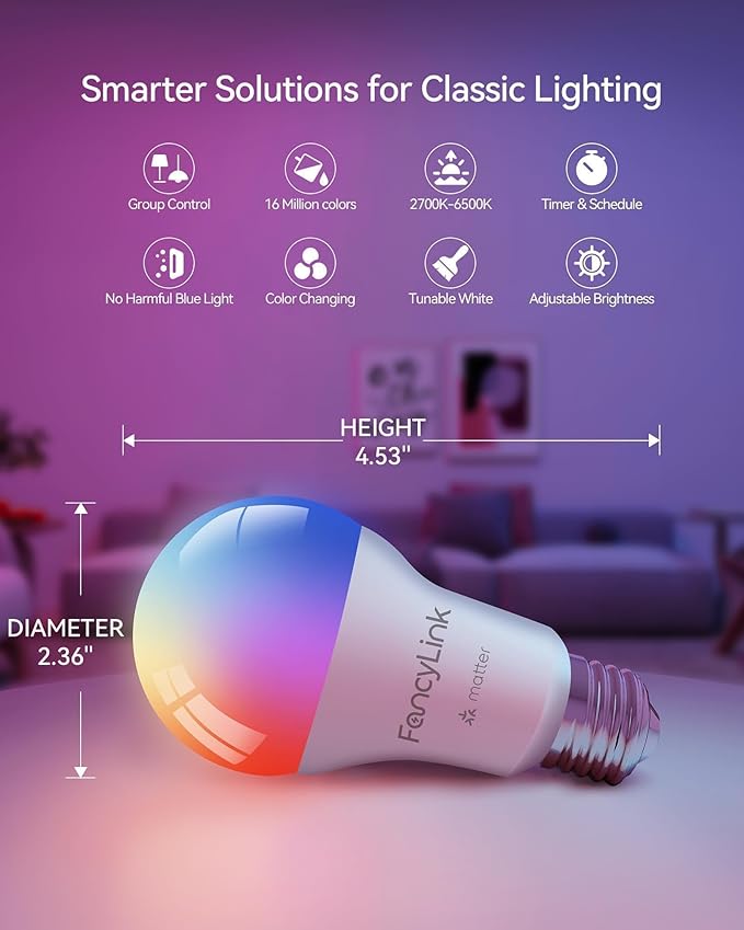 Matter Smart Light Bulbs, Color Changing Light Bulb, hub Required, A19 60W,2.4Ghz WiFi only,Compatible with Alexa Google Assistant, Apple Home,16 Million Colors RGBCW 800 Lumens,1 Packs