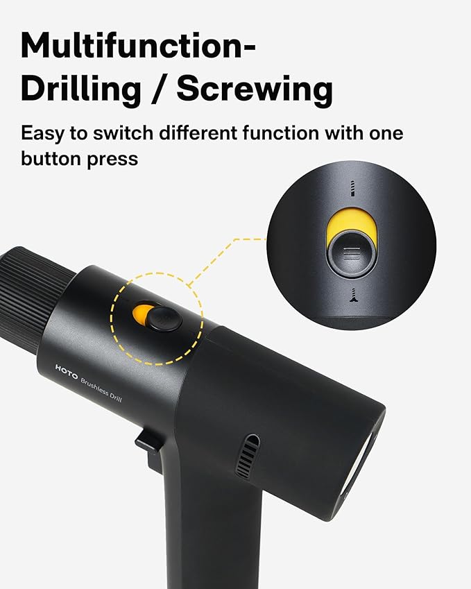 HOTO Cordless Brushless Drill 12V, LED Display Screen, 30 Precision Gears, 2 Working Modes, 2000mAh Battery, 266 In-lbs (30N·m) Torque, 3/8 Inch Keyless Chuck, 1400RPM, 10 x Bits, 8 x Drill Bits