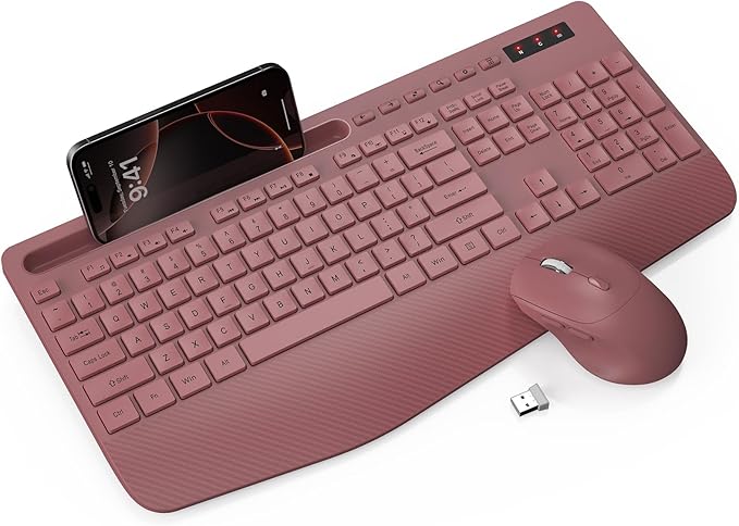 Wireless Keyboard and Mouse Combo - Full-Sized Ergonomic Keyboard with Wrist Rest, Phone Holder, Sleep Mode, Silent 2.4GHz Cordless Keyboard Mouse Combo for Computer, Laptop, PC, Mac, Windows