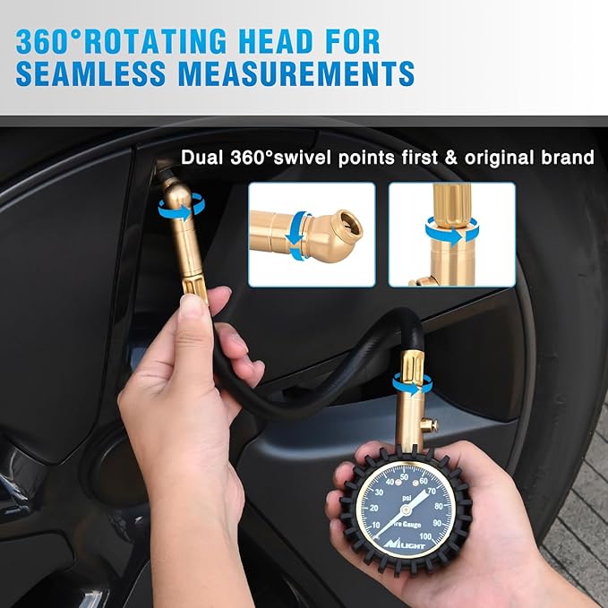 Nilight Tire Pressure Gauge 100PSI Heavy Duty Large 2" Glow Dial ANSI B40.1 Certified Air Chucks Accurate Reading with Extended Hose for Truck Semi Truck ATV Motorhome Cars & RV Accessories