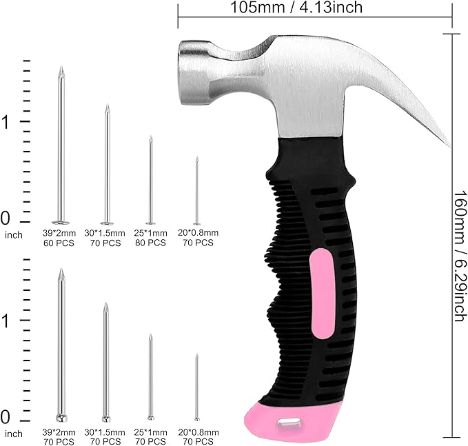 KURUI 700PCs Small Nails for Hanging Pictures & 8oz Small Hammer for Women, Pink Tool for Hanging Canvas Wall Art/Tapestry/Frame, Hardware Nails Assortment Kit for Living Room/Bedroom/Outdoor Decor