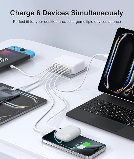 Fast Charger Block, GaN 6 Port USB C Charging Station Hub Cube, 100W Multiport Type C Wall Charger Power Strip Plug with PD 3.0+QC for iPhone 16 15 14 13 12 1 Pro Max XR XS 8 7, Samsung, iPad, Table