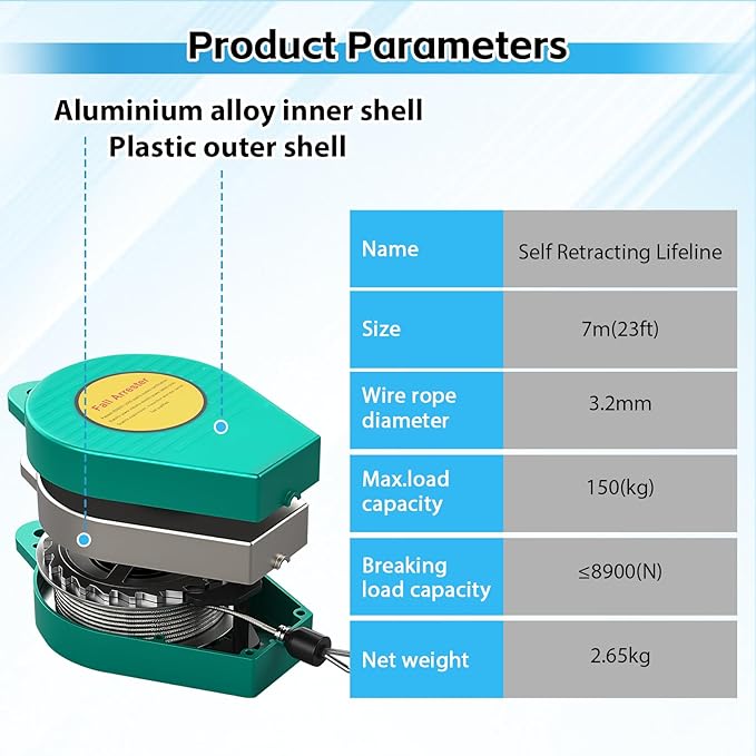 23ft Self Retracting Lifeline 330lbs Fall Arrester Fall Protection with Alloy Steel Hook & Steel Wire Rope