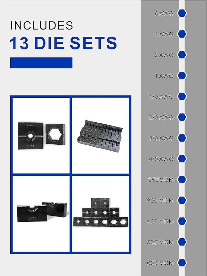 AMZCNC blue 16 Ton Hydraulic Wire Crimper Battery Cable Lug Terminal Crimping Tool WIth Standard US cable Dies,Crimps 6 AWG to 600 MCM, Cable Crimping Tool with 13 Pairs of Standard US cable Dies