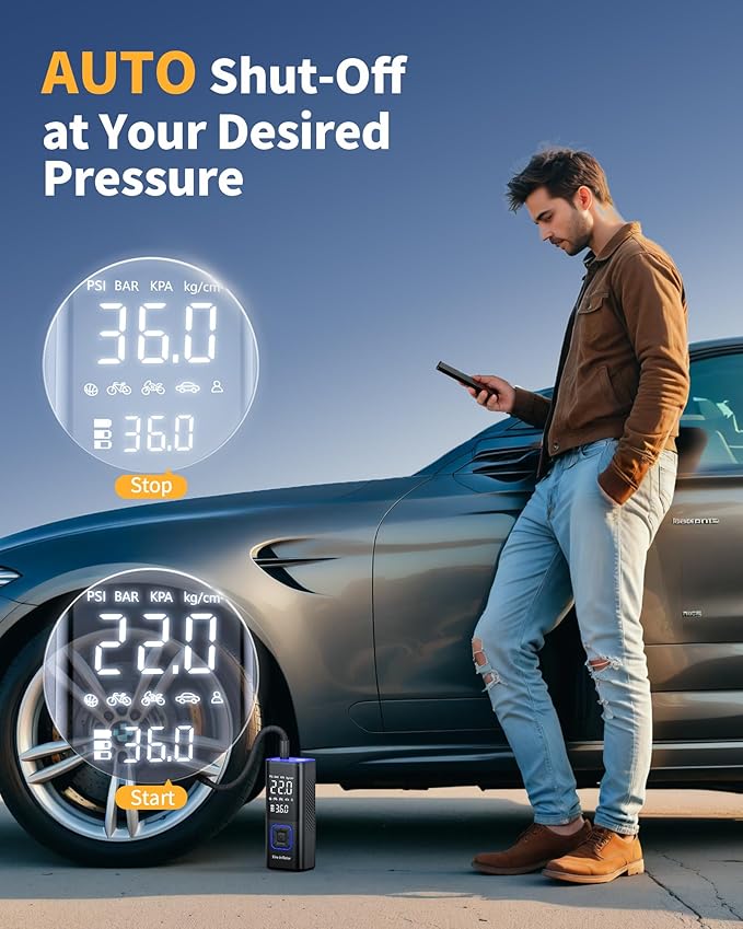 Cordless Tire Inflator Portable Air Compressor - 150PSI Air Pump with Auto Shutoff Function for Car Tires, Inflatables, Motorcycle, Balls, Compact Bike Tire Pump with LED Light, Blue, Large