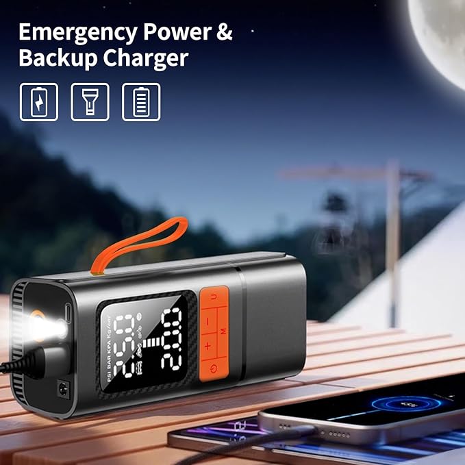 Tire Inflator, Portable Air Compressor for Car with Touch Screen, 150PSI Cordless, Fast Inflation (0-2.5BAR in 10min), Power Bank & LED Light, Auto Shut Off for Bike, Motorcycle, Ball