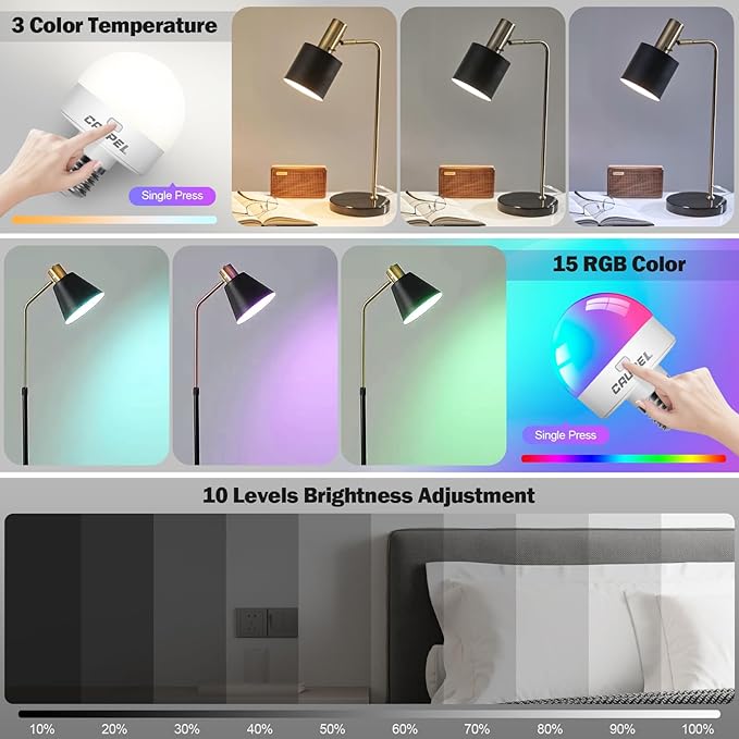 RGBCW Rechargeable Battery Operated Light Bulbs, E26 Detachable LED Bulb with Remote Control, 40W Equivalent, 500Lum, 3 Color Temperatures, 15 RGB, Emergency Light Bulbs for Home, Outdoor, 4 Pack