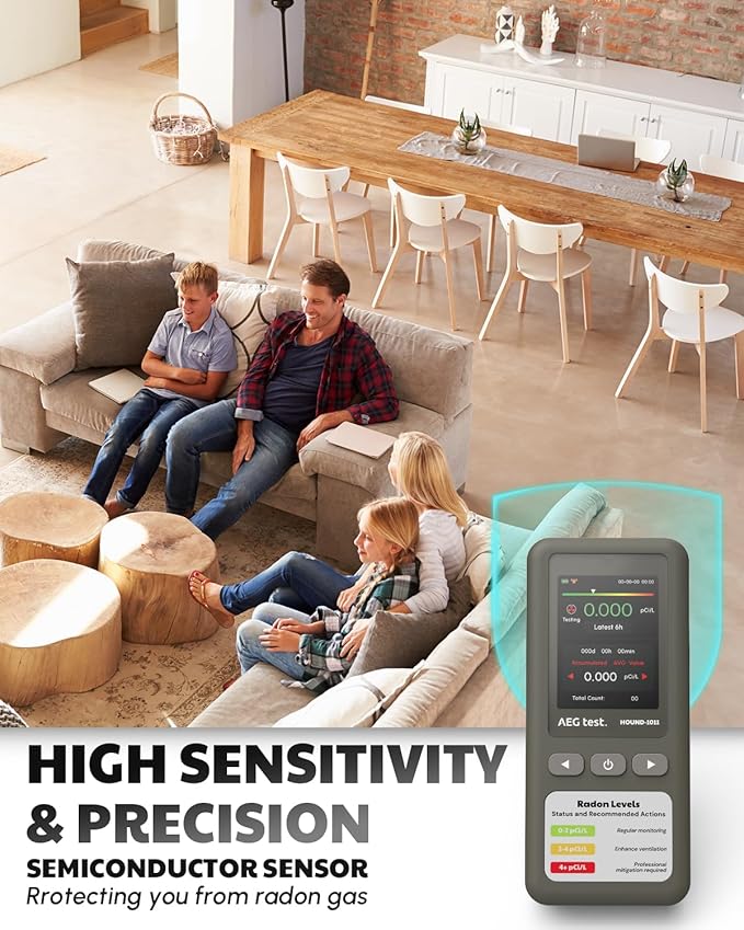 HOUND-1011 Portable Radon Detector for Home, Lightweight, High-Accuracy Sensor, 45-Day Monitoring, Easy-to-Use Radon Tester, Short- & Long-Term in pCi/L or Bq/m³ for Basement – Gray